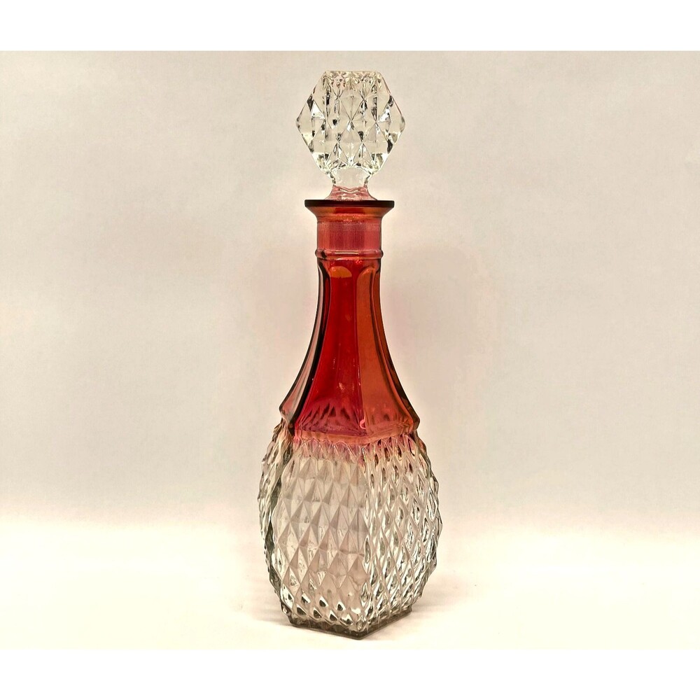 Indiana Glass Diamond Point Ruby Decanter Flat Stopper 12in Vintage Barware